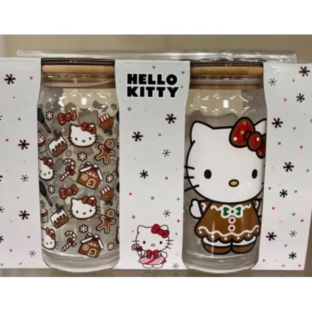 Hello Kitty Christmas Gingerbread Glass Tumbler W/ Straw 16oz Set of 2 New